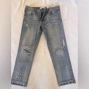 Zara Basic Denim Blue Jeans with Pearls